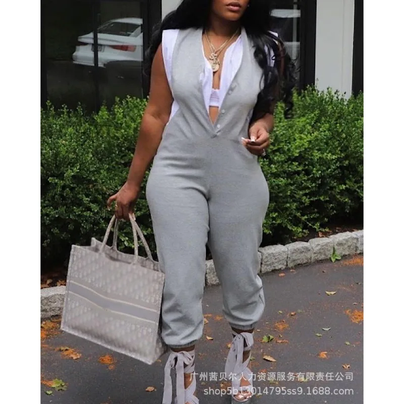 

2023 Women New Jumpsuits Summer Autumn Solid Slim High Waist Jumpsuits Women Casual Sleeveless Single Breasted V-neck Jumpsuits
