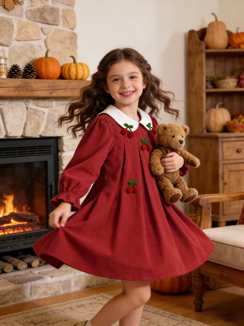 Robe unie pour filles avec col Peter Pan contrastant et décoration cerise, jupe trapèze douce et ample pour les fêtes quotidiennes 1