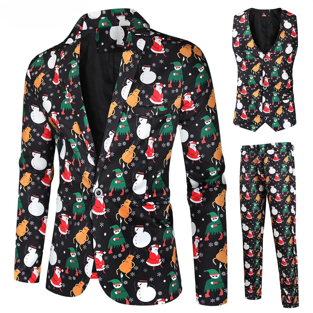 thumbnail image 1 of Trajes navideños para hombre, traje de 3 piezas de corte regular, estampado de copos de nieve, muñeco de nieve, chaqueta, pantalones, chalecos, conjunto de traje para hombre para Navidad, 1 of 5