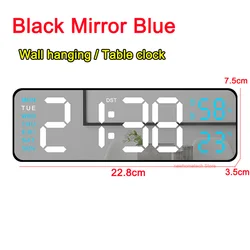 Large LED Digital Wall Clock with Dual Alarms and Adjustable Brightness (Black Mirror Blue)
