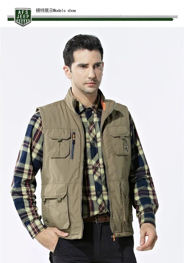 Description Picture 4 of itemMen Autumn Winter Vest Mens Casual Thicken Fleece Warm Waistcoat Outdoor Multi pocket Military Fishing Hiking Sleeveless Jacket