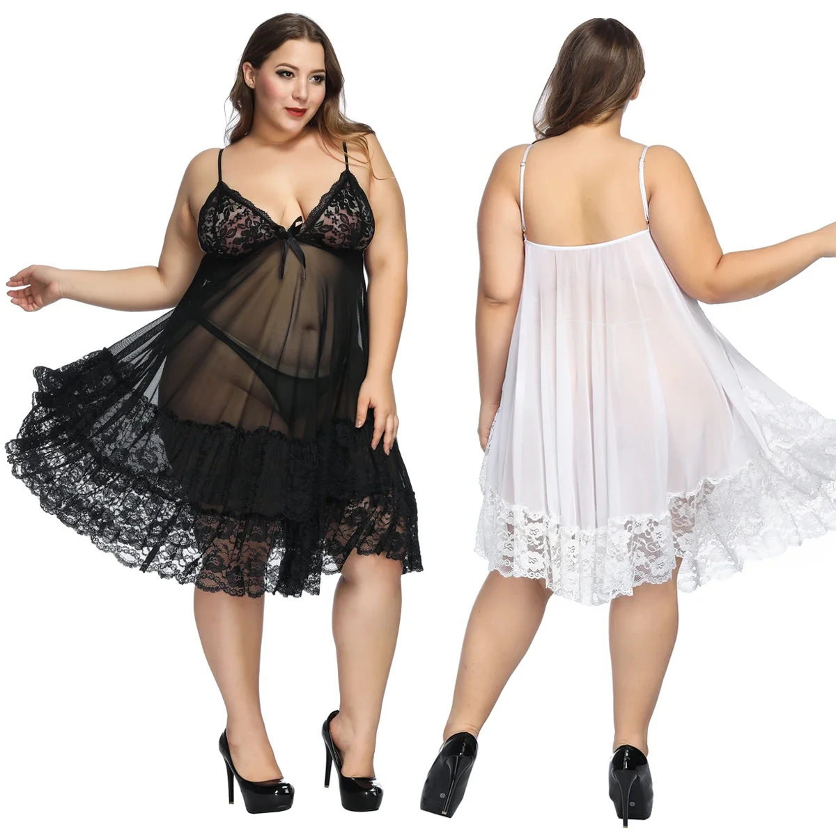 Plus Size Sexy Erotic Lace Hollow-out Night Dress Women Lingerie Nightgown Pijama Women Sleepwear Through Underwear Black 6XL