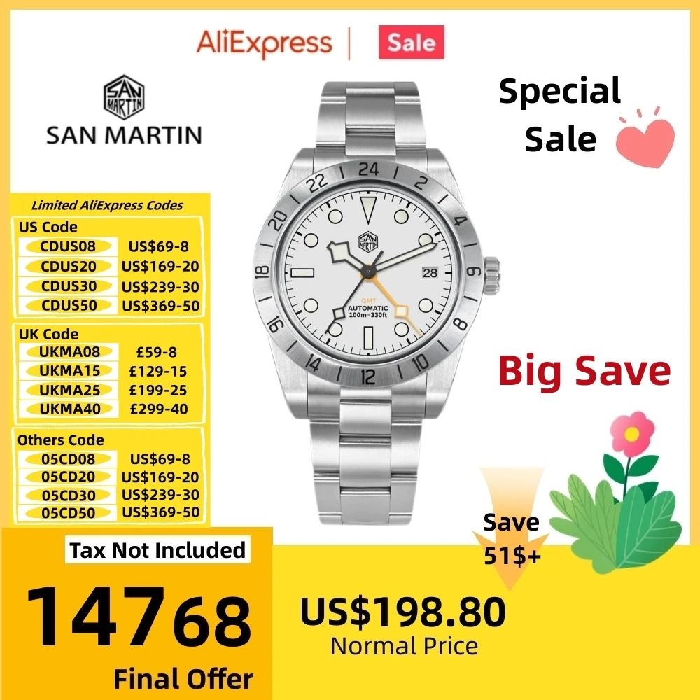 

San Martin 39mm BB GMT Watch NH34 Automatic Wristwatch Man Date BGW-X1 Luminous Montre Homme Waterproof 10Bar Sapphire SN0054E