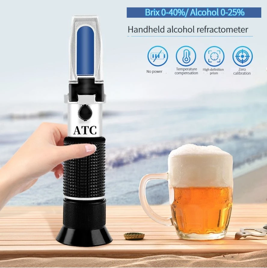 Alcohol Meter Handheld Alcohol Sugar Refractometer Tester Wine Concentration Meter Densitometer 0-25% Alcohol Beer 0-40% Brix Grapes