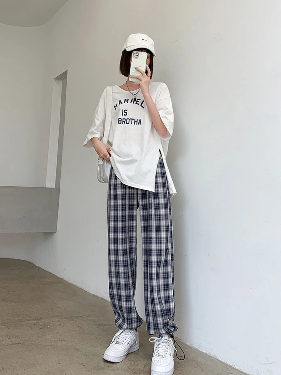 Casual Baggy Plaid Pants Women Summer New High Waist Loose Straight Wide Leg Pants Female