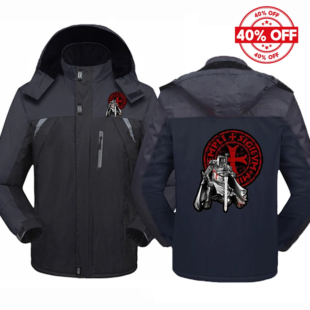 Mens Thick Hooded Jacket Autumn Winter Knights Templar Pattern