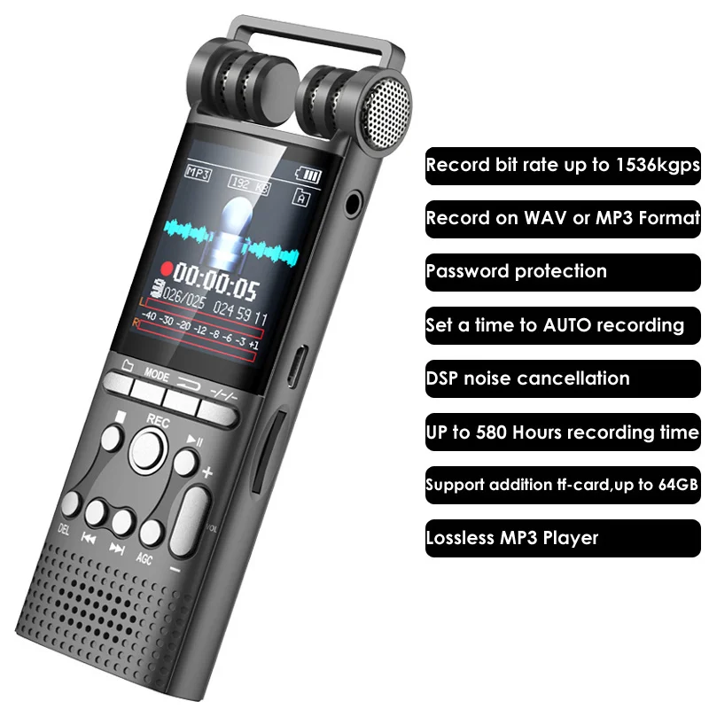 

Professional Voice Activated Digital Audio Recorder 16GB 8GB USB Pen Non-Stop 100hr Recording PCM 1536Kbps External Microphone