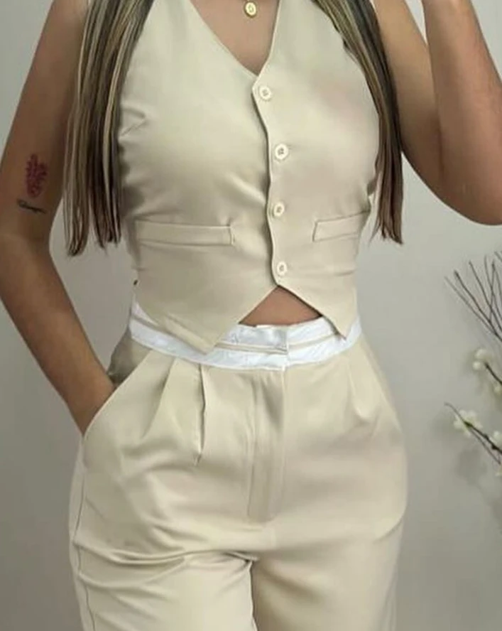 Two Piece Set Women Outfit 2024 Summer V-Neck Sleeveless Buttoned Vest Top & Casual Pocket Design Daily Straight Leg Pants Set