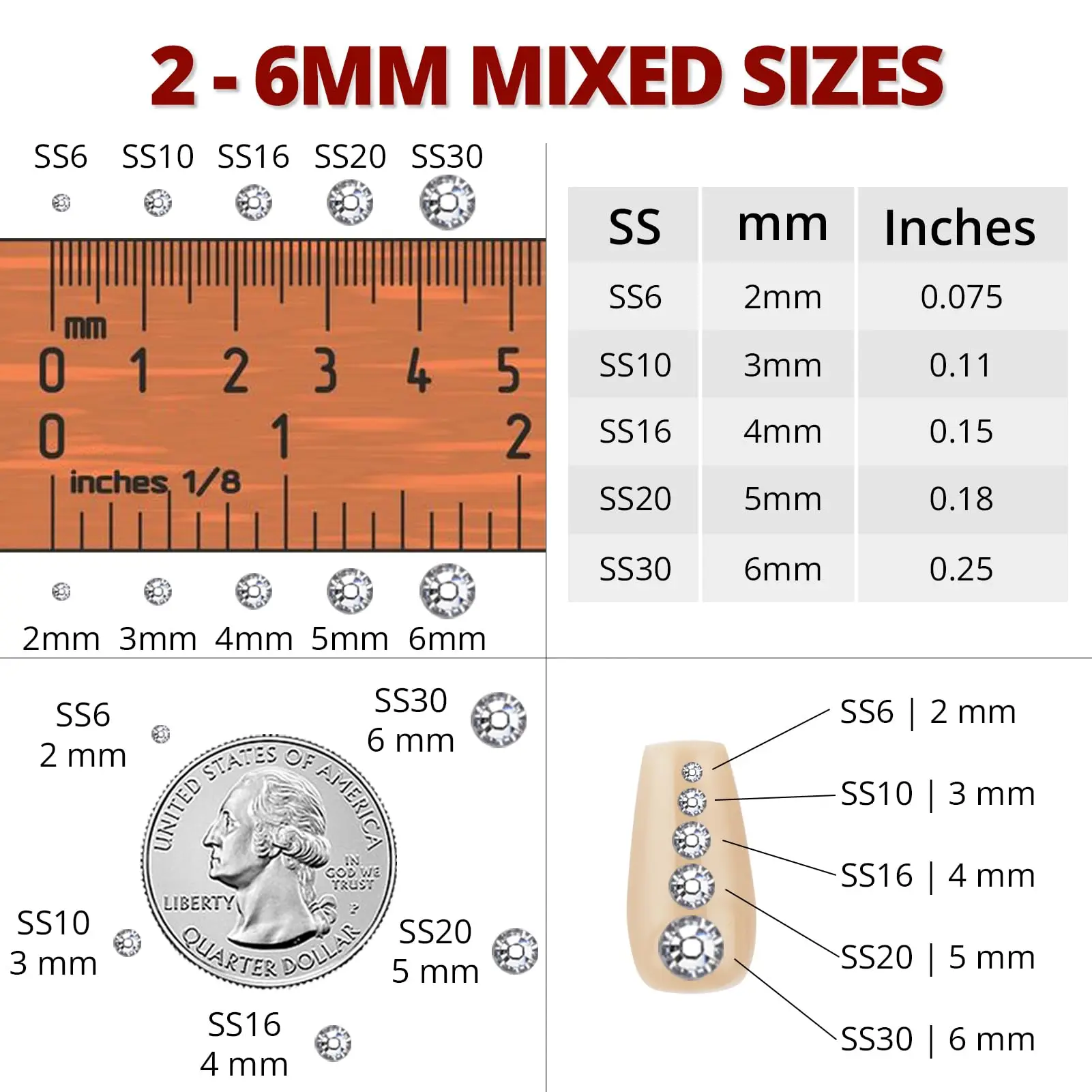 2mm, 3mm, 4mm, 5mm 크기의 다채로운 라인스톤 4개 세트, 총 10000개, 픽과 핀셋 포함, 핫픽스 아님