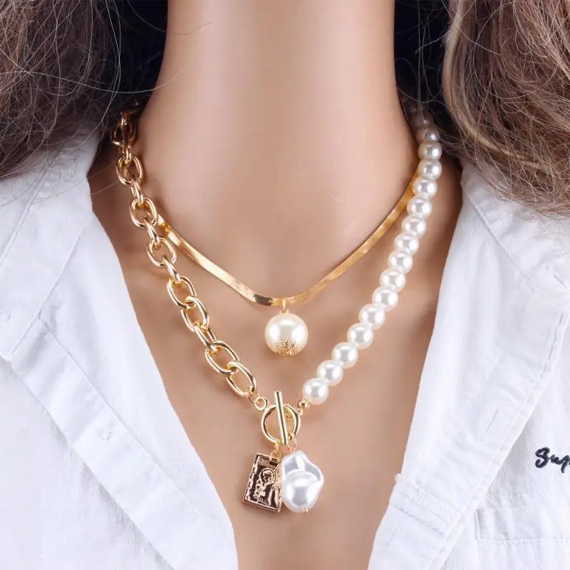 Vintage Baroque Pearl Square Pendant Necklace Alloy Pearl Splicing OT Buckle Stacked Necklace Women's Luxury Jewelry Necklaces