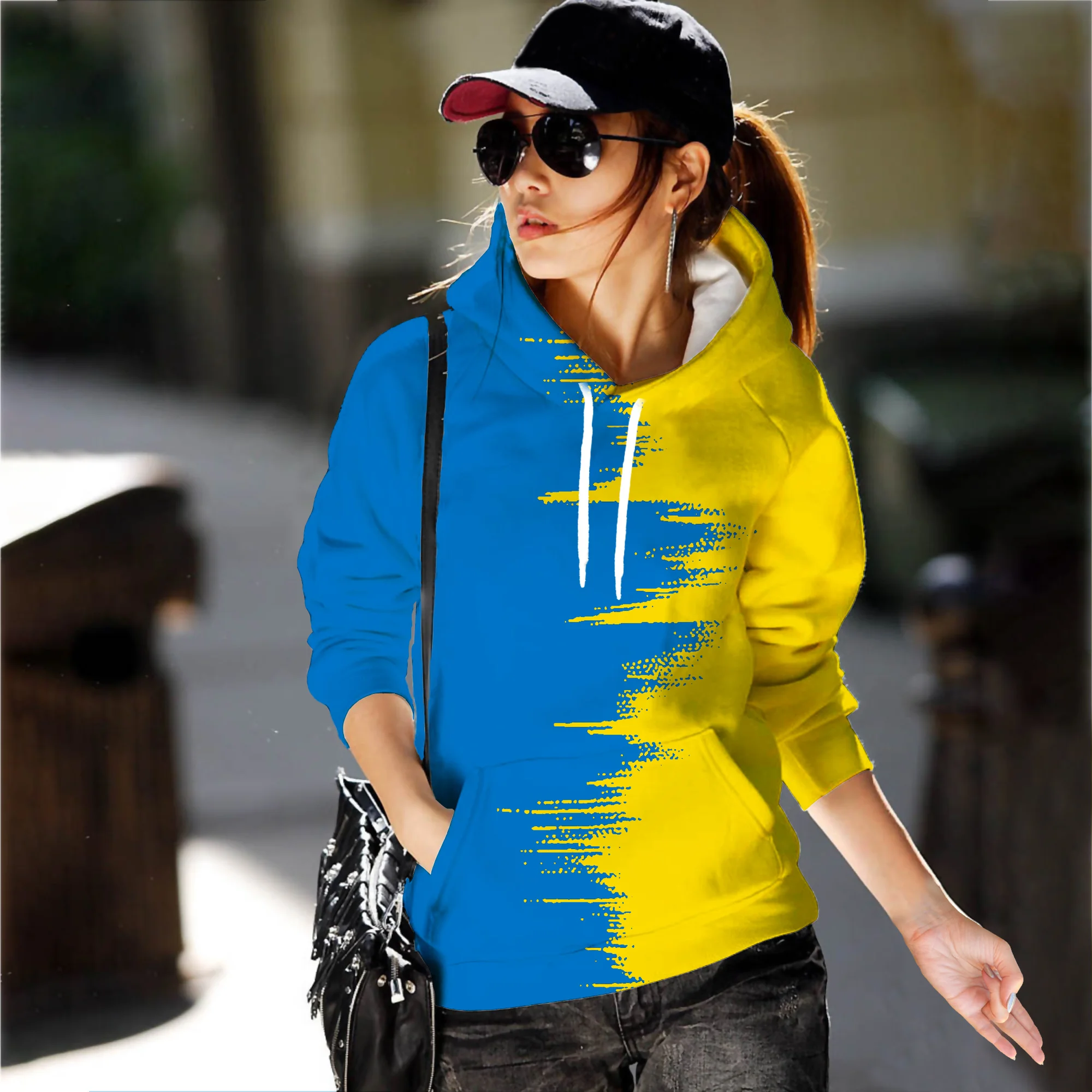 2022 New Oversize Hoodies Blue Yellow Ukraine Flag Women Pulovers Hip