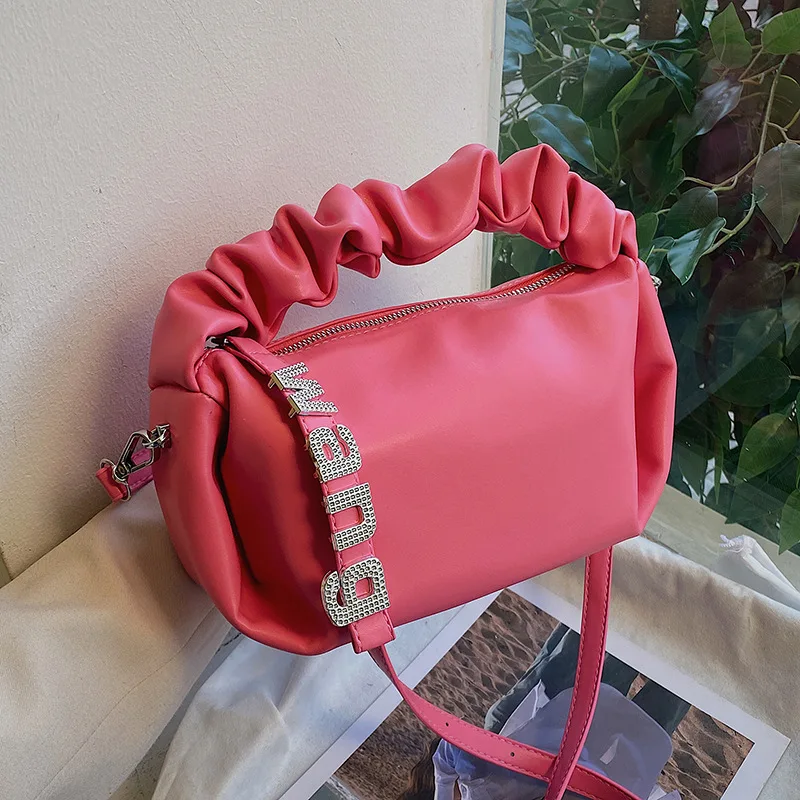 New Ladies Casual Shoulder Crossbody Handbag Pleated Twinkling Diamonds Solid Color PU Leather Purse Bag for Women