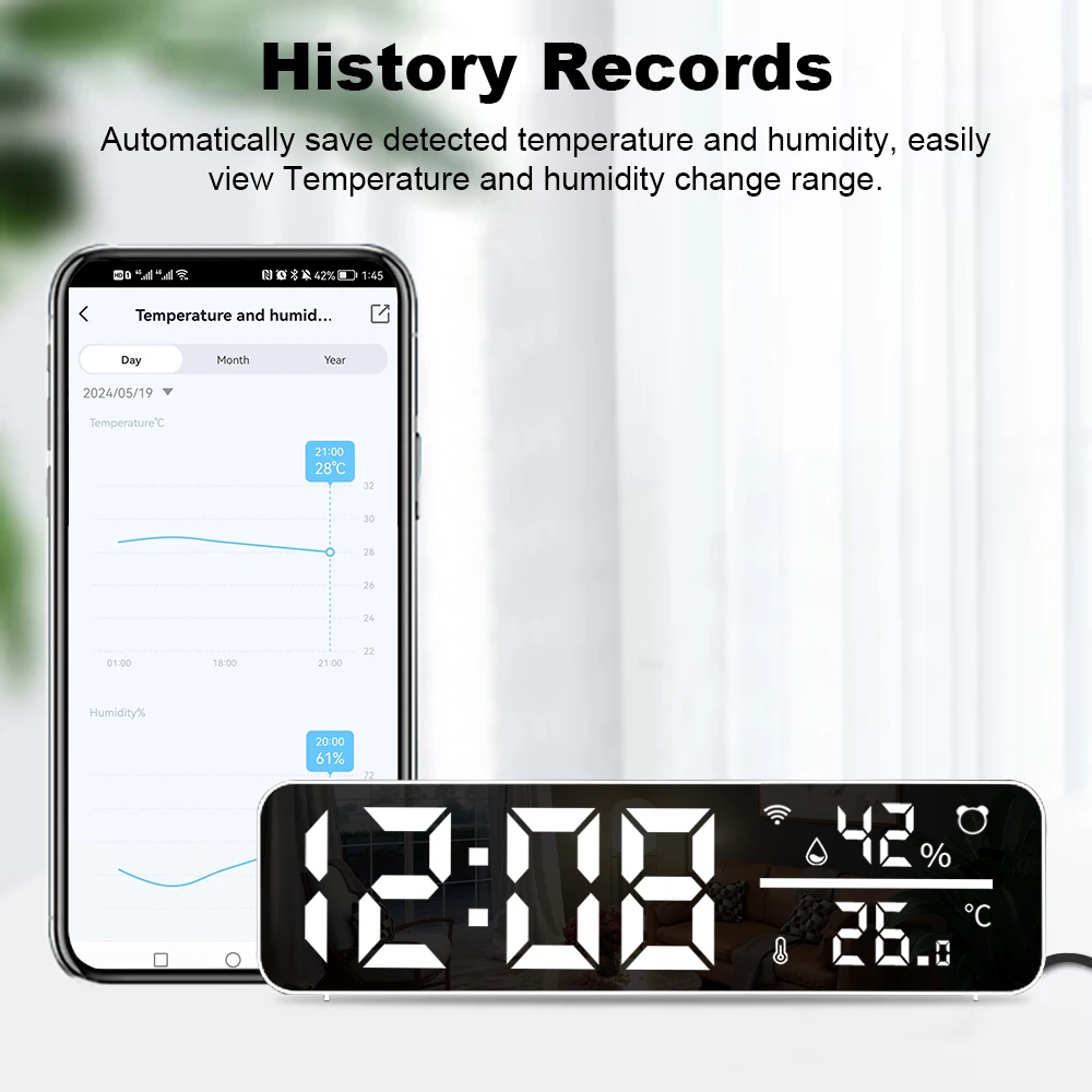 Humidity Sensor Clock Alarm Clock with Temperature Humidity Sensor Detect Support Tuya APP ...