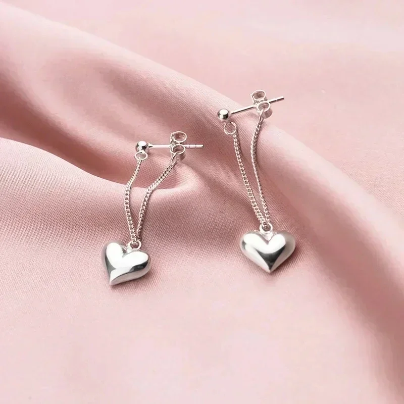 925 Sterling Silver Earrings for Women Cute Heart Long Chain - Main Image