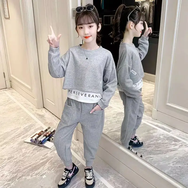 2025년 가을 10대 회색 여자아이 겨울 정장 옷 긴팔 상의 스웨트셔츠 + 발목 묶는 바지 6 7 8 9 10 11 12세 아동 세트