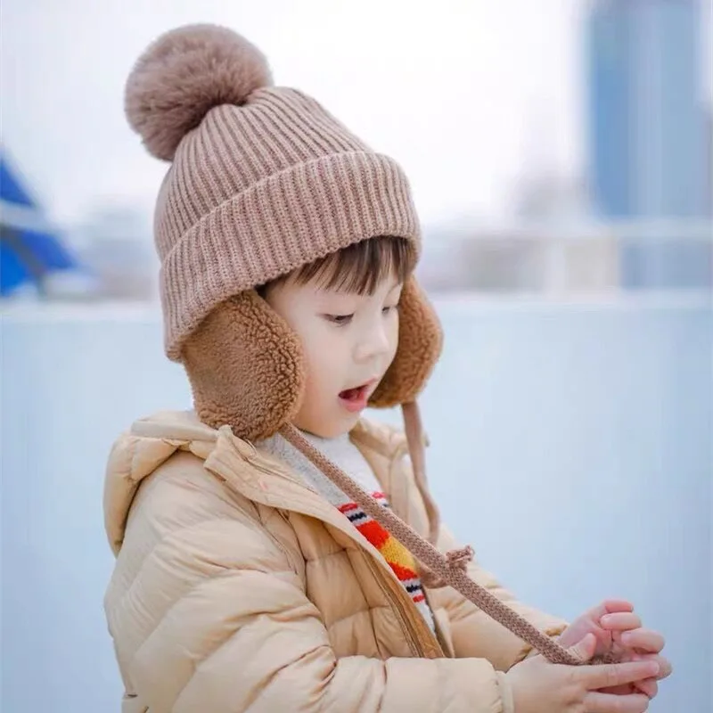

Winter Baby Knitted Hat With Earflaps Solid Color Pompon Beanie Cap Kids Boy Girl Thick Warm Plush Ear Protection Caps Bonnet