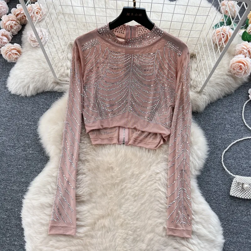 Long Sleeve Top Versatile Harajuku Fashion Maxi Skirt Mesh Two Piece Set A Line Midi High Waist Jupe Clothing Feminino Lady Suit