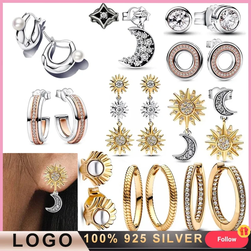 925 Sterling Silver Hot Selling Exquisite Shining Sun and Moon Women's Original Logo Daisy Earrings DIY Charming Jewelry Gifts