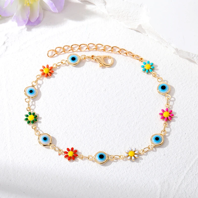 Beaded Bracelet Turkish Evil Eye Hamsa Hand Flower Beads Bracelet Women Boho Lucky Blue Eye Fatima Hand Adjustable Anklet Chain Wedding Jewelry
