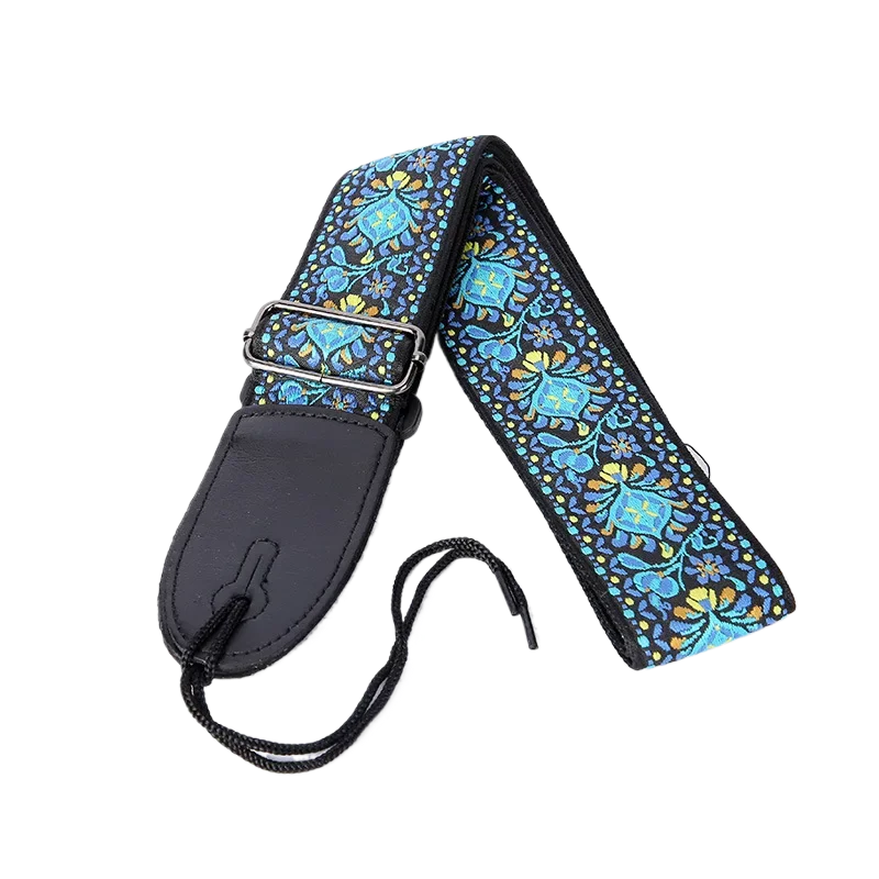 Embroidered Jacquard Guitar Strap with Leather Ends - Adjustable Cotton Band