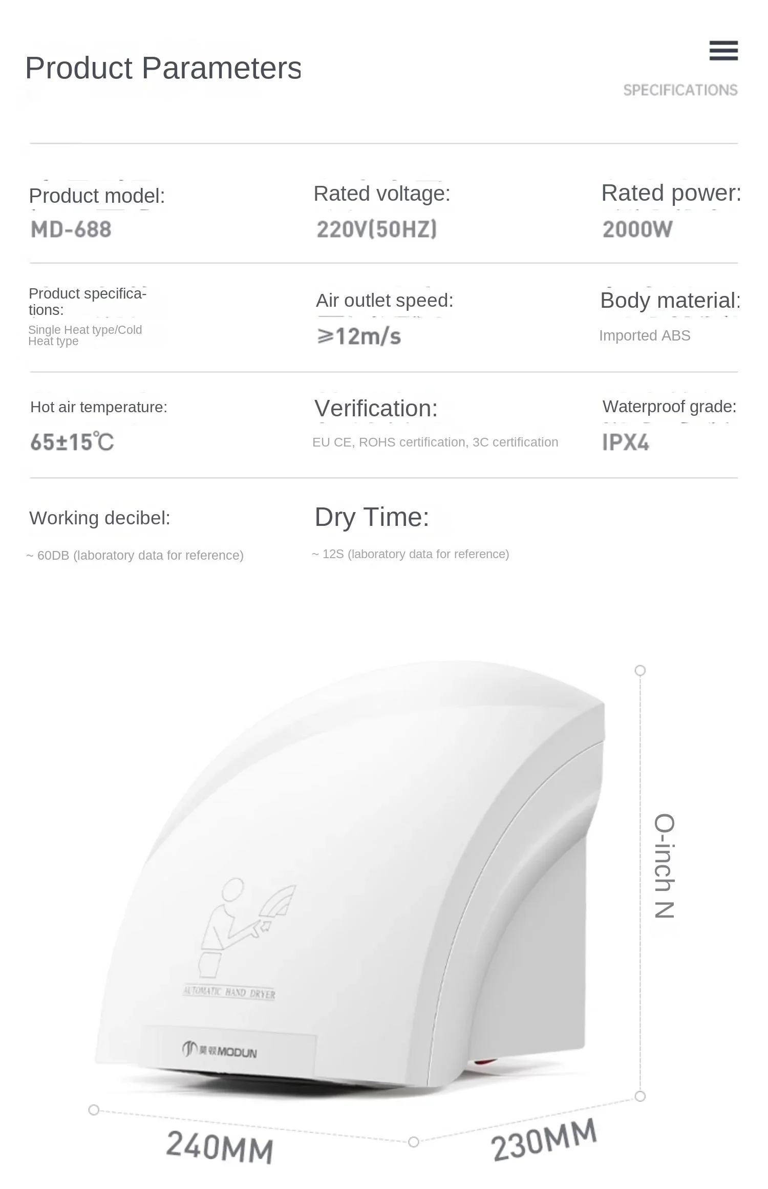 Description Picture 4 of item220V High-Speed Hand Dryer for Commercial Restrooms, Automatic Sensor and Energy-Efficient