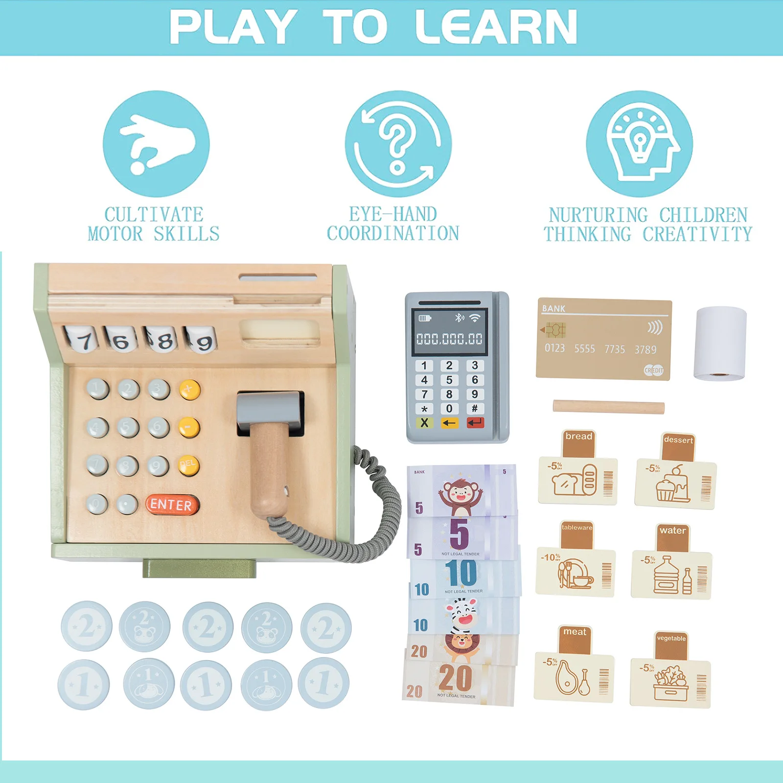 Wooden Simulation Supermarket Checkout Counter Toy Cash Register Kids Role-Play Toys Kitchen Toys Girls Pretend Play Toys 2