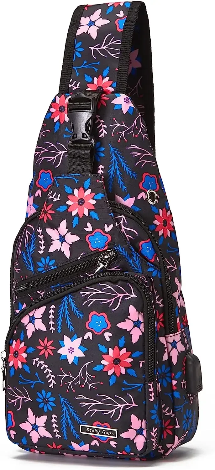 

Seoky Rop Men Women Sling Backpack Crossbody Shoulder Chest Bag with USB Charging Port for Travel Hiking Red Flower