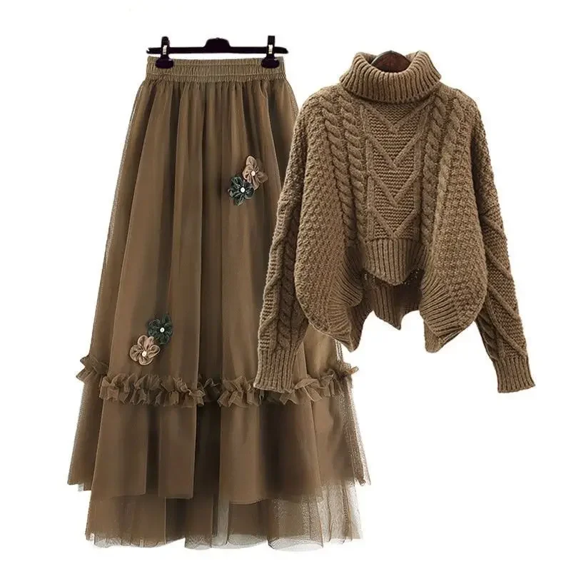 DAYIFUN Autumn Winter Sweater Sets 2023 Solid O Neck Jumpers and Flower High Waist Mesh Half Skirt Two Piece Sets Women Clothing