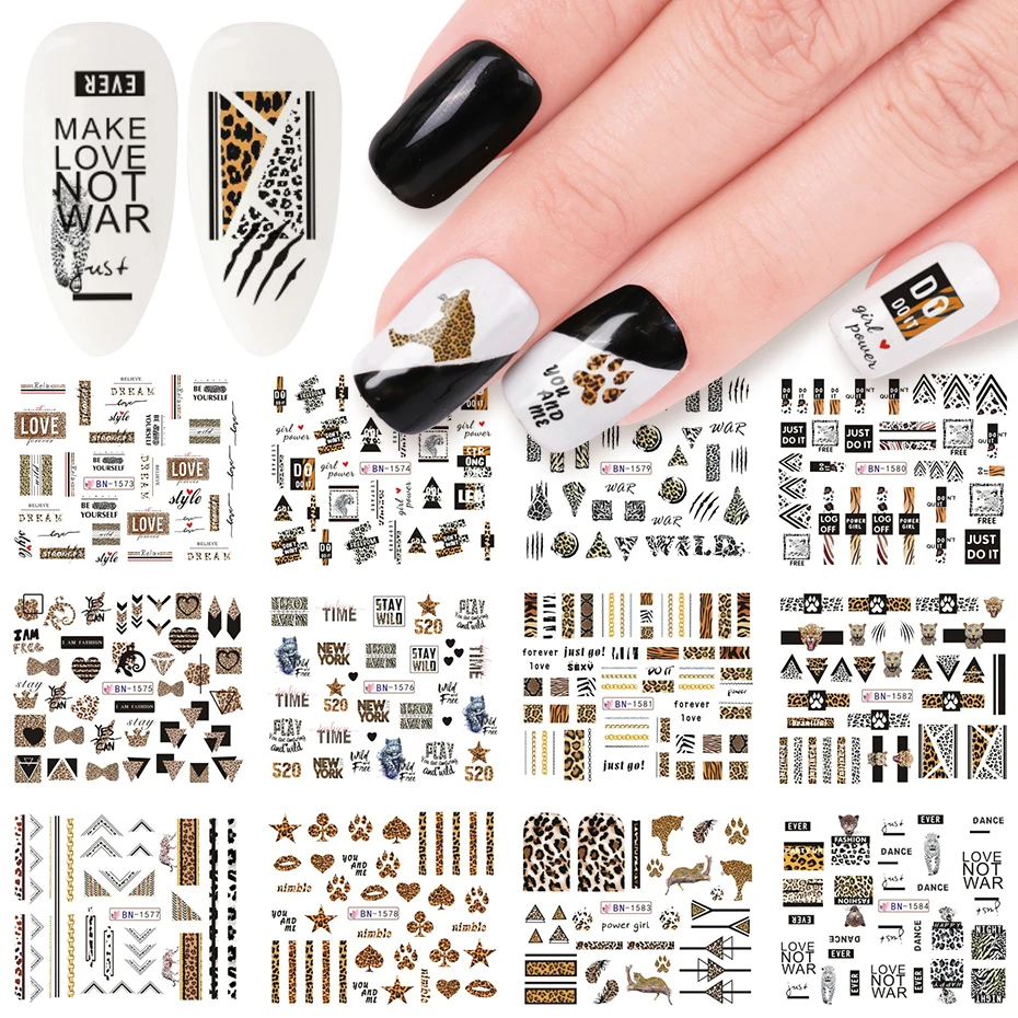 12pcs Leopard Print Nail Sticker Water Transfer Slider Black Letter Flower  Geometry Tattoo Nail Art Decals Tip Lybn1573-1584-1 - Stickers & Decals -  AliExpress
