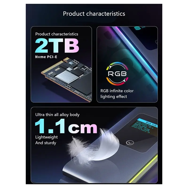 A23F-고속 10Gbps 모바일 솔리드 스테이트 디스크 박스 RGB 쿨 라이트 효과 Nvme 프로토콜 M2 모바일 하드 디스크 드라이브 박스