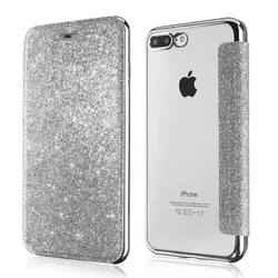 Luxury Glitter Leather Flip Wallet Case with Clear Bling Back TPU Cover for iPhone XR (Silver)