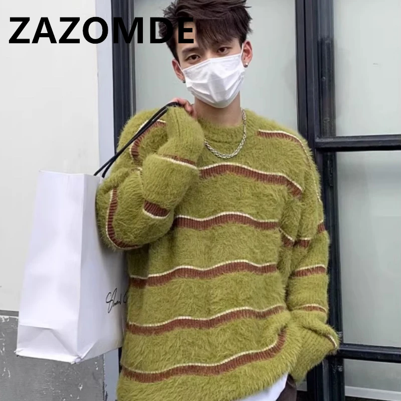 

ZAZOMDE Autumn Winter Striped O-neck Sweater Casual Loose High Street Thickened Sweaters Pullovers Men Top Male Knitwear Clothes