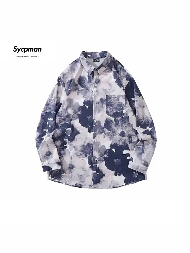 

Sycpman Retro Hip-hop Ink Printed Long Sleeved Shirts for Men and Women Autumn Trend Loose Casual Shirt Streetwear Clothing