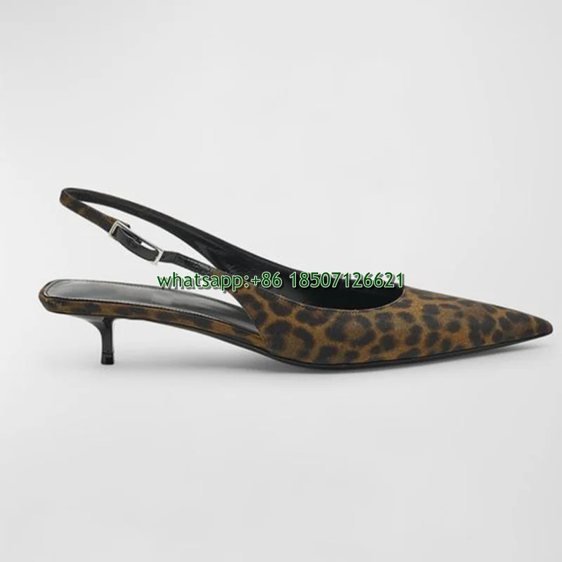 Leopard Print Pointed Toe Low Heel Buckle Strap Slingback Pumps Sexy Plus Size Women's Shoes 4