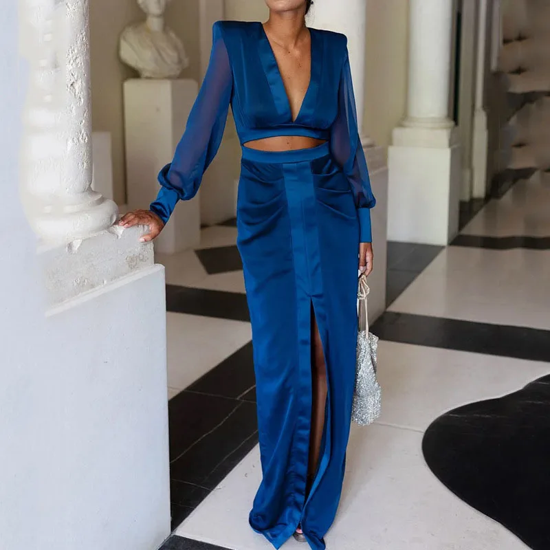 

Ladies Fashion Perspective Mesh Long Sleeve Dress Autumn Elegant Robe Dresses for Women Sexy V-neck Hollow Split Evening Dress