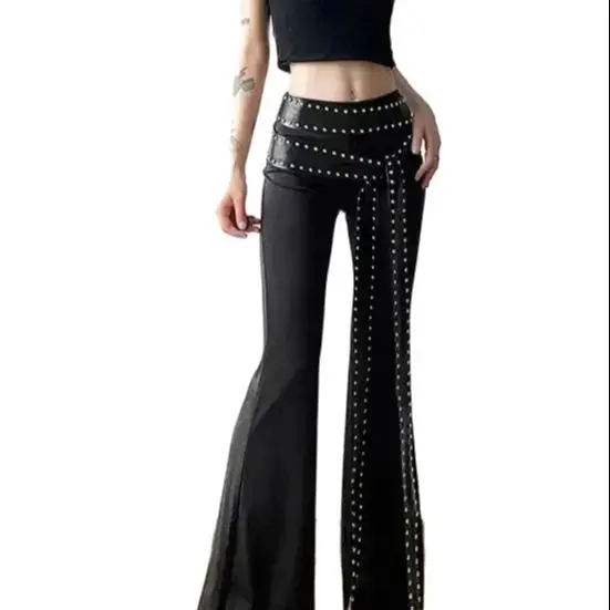 Flared Pants High Quality Rivets Black Fashion Personalized High Street All-Match Cool Women ChainTrousers 2024 Summer New