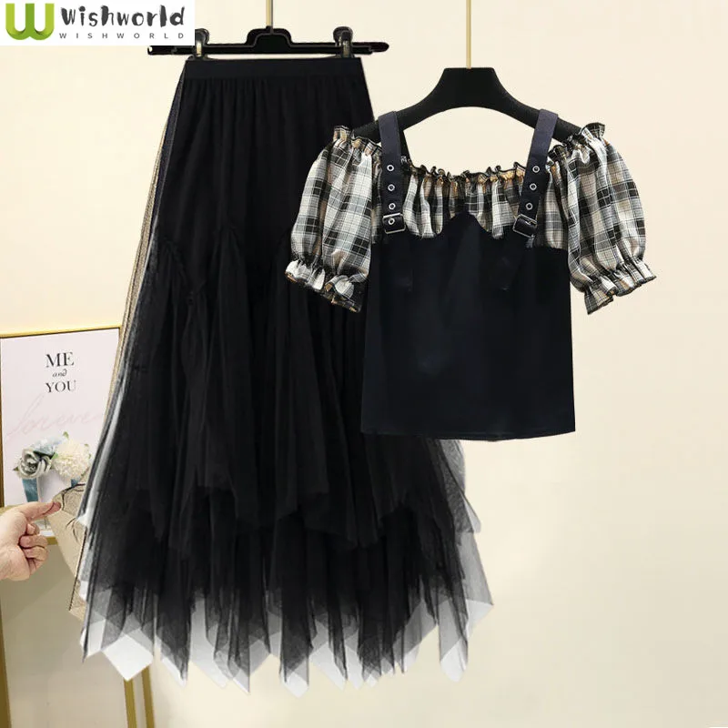 Large Summer Women's Suit 2022 New Fashion Slim Fake Two Piece Plaid Shirt Casual Skirt Two Piece Elegant Lady Skirts Sets new fake pearl pendant scarf great sweat absorption neck wrap lady headscarf multifunctional imitation pearl bib scarves women