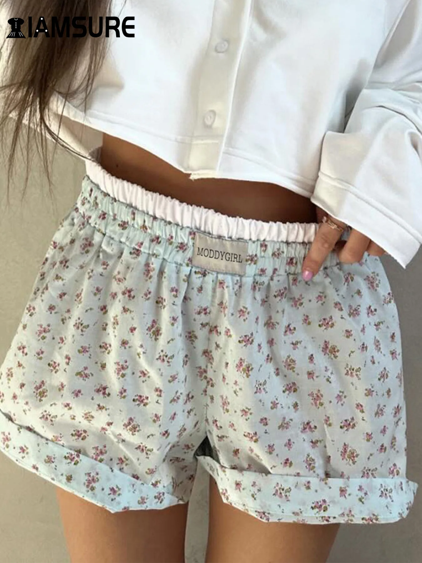 IAMSURE Casual Floral Patchwork Shorts Fake 2 Piece Holiday Loose Mid-Waisted Shorts Women 2024 Summer Fashion Streetwear Ladies