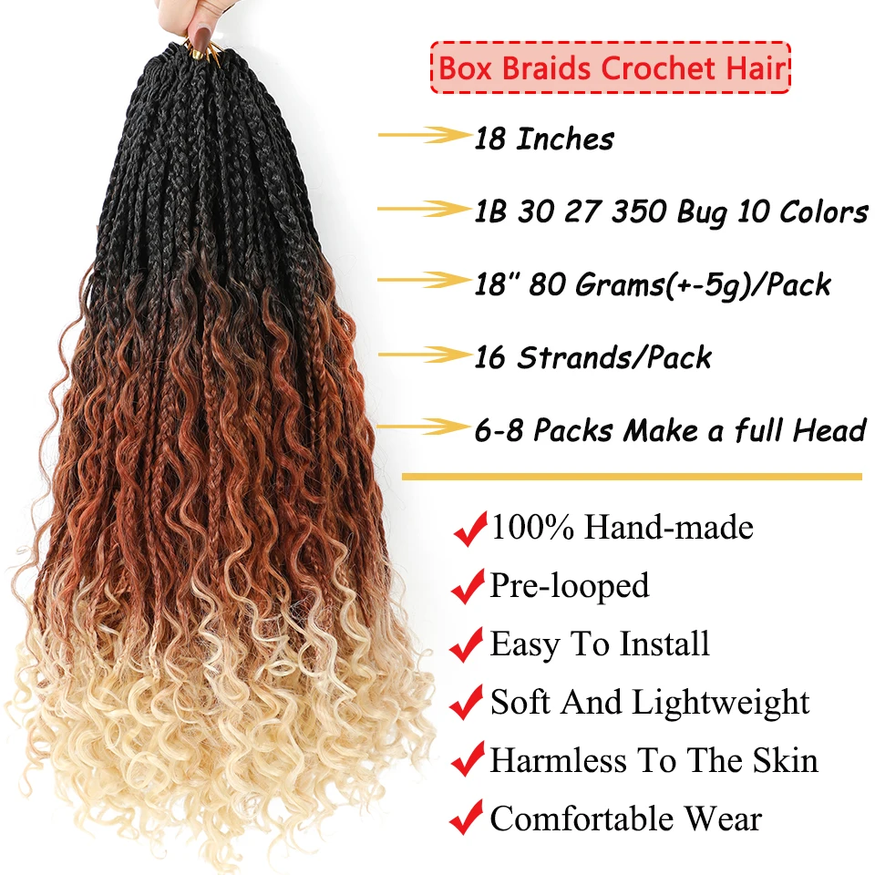 18" Box Braids Crochet Hair with Curly Ends 1B 30 27 350 613 Blue Pink Colors Bohemian Synthetic Braids Goddess Box Hair