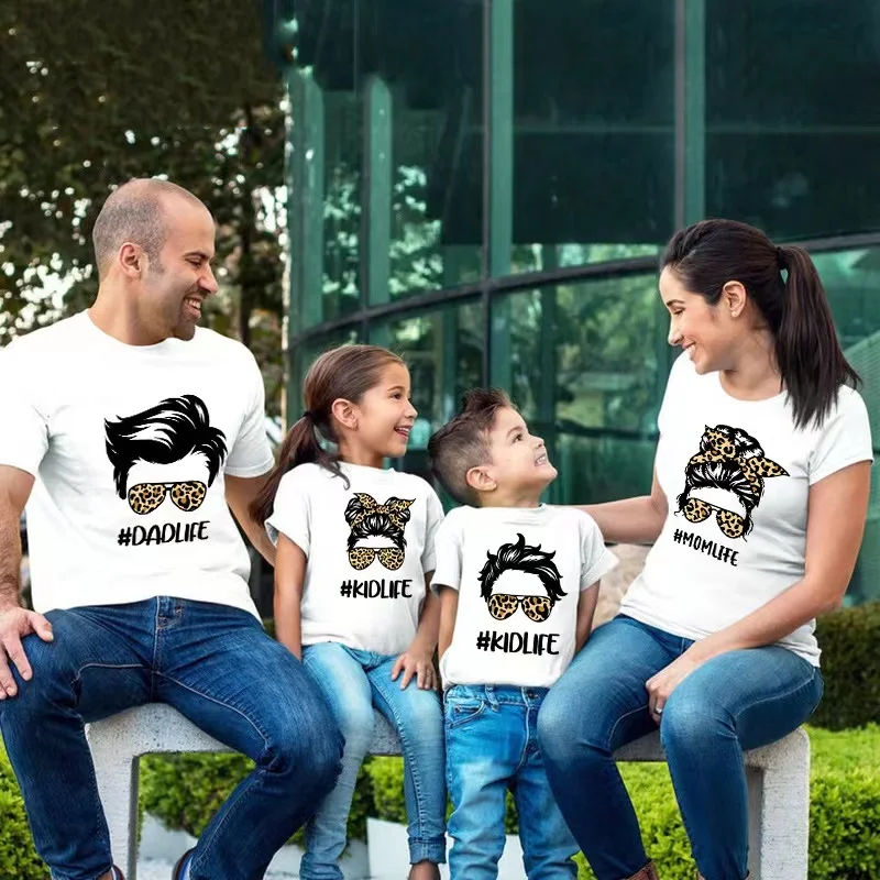 

Leopard print glasses cool mom dad kid life parent-child wear family short-sleeved top T-shirt Europe and the United States