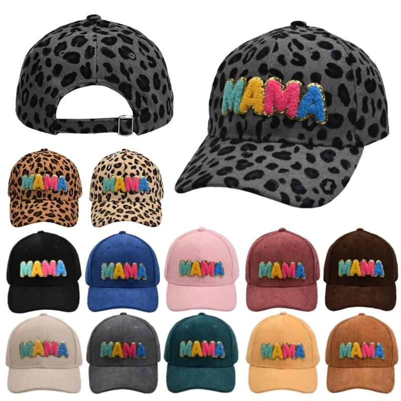 

Mama Letter Leopard Print Adjustable Outdoor Shade Dad Hat Parent Child Sun Protection Corduroy Snapback Baseball Cap