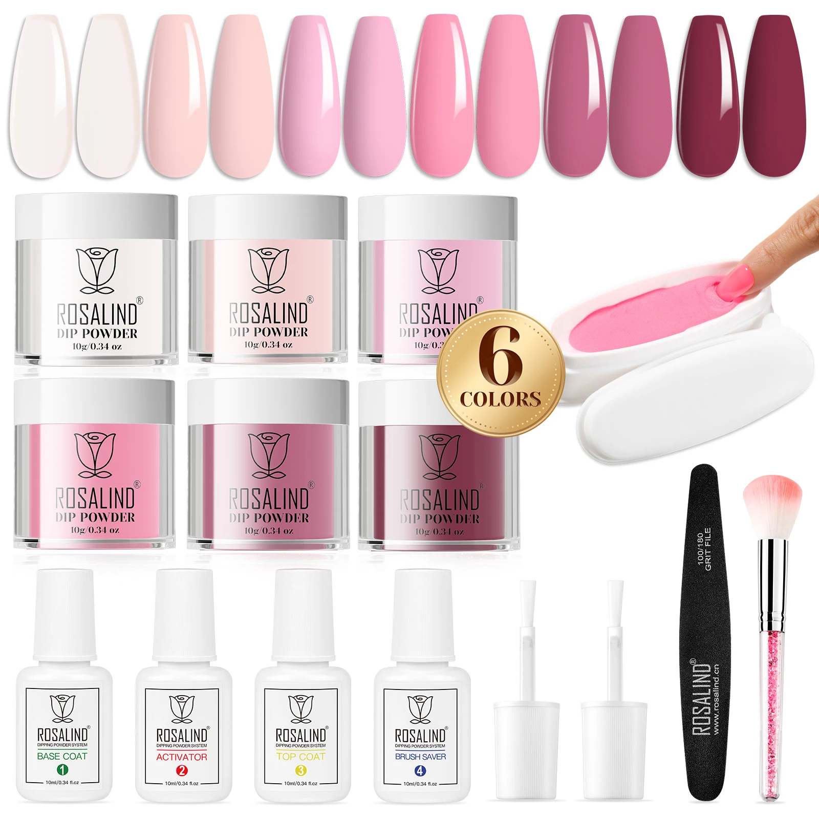 ROSALIND 13PCS Dip Nails Powder Starter Kit,6 Colors Dip Powder Nail Clear Nude Pink Series Colors Set with Base&Top