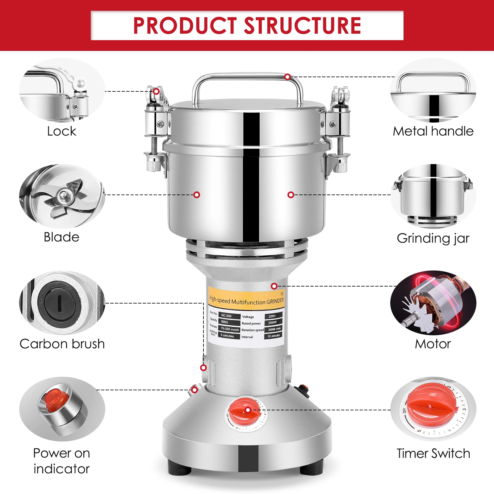 150g/500g Electric Herb Grain Grinder High Speed Spice Grinder Coffee Mill Flour Nuts Seeds Powder Machine 28000 RPM EU Stock 4