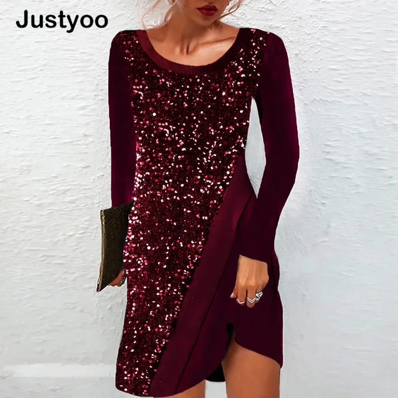

New Elegant Sequin Splicing Lady O Neck A Line Dress Fashion Female Casual Evening Dress Autumn Winter Women Long-Sleeved Dress