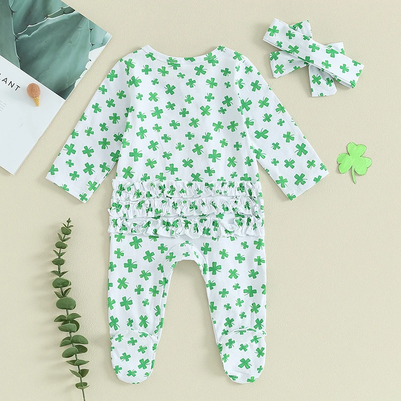 Citgeett Spring St. Patrick's Day Infant Baby Girls Jumpsuit Long Sleeve Clover Print Footed Romper Headband Clothes