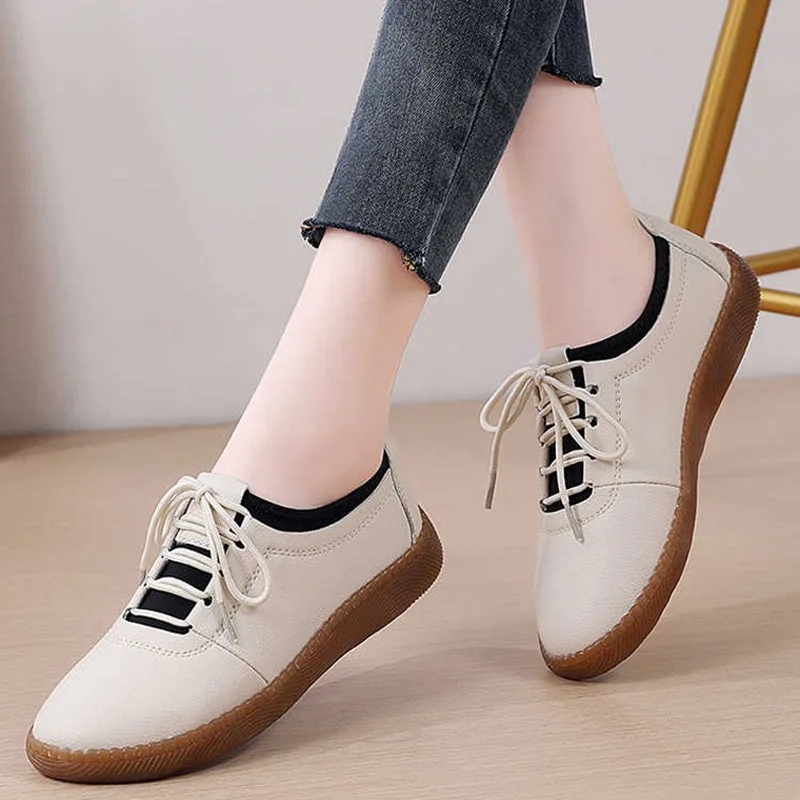 

Women's Lace-up Flats Autumn Round Head Solid Color Non-slip Moccasins Comfortable Simple Work Shoes Zapatos Planos Mujer