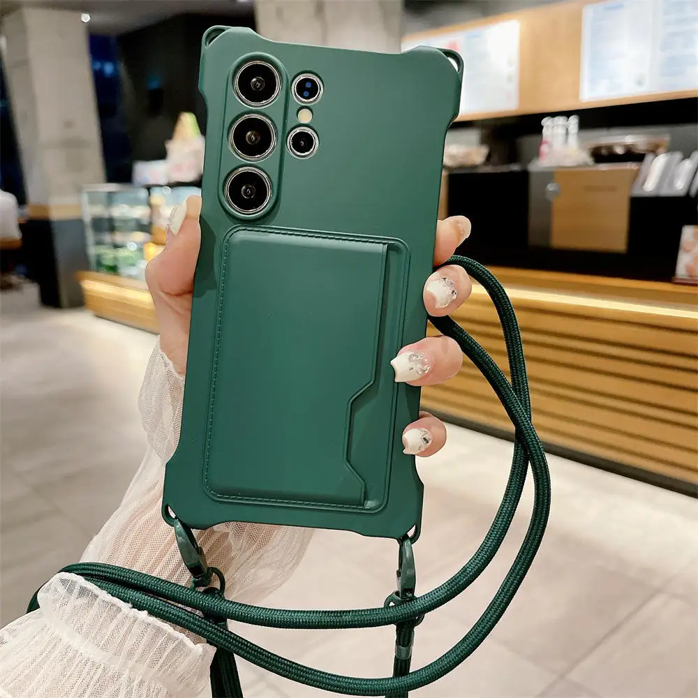 Soft Silicone Phone Case with Card Holder and Lanyard - Shockproof Protection Cover