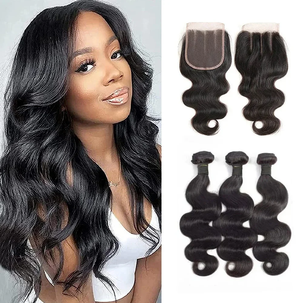 Body Wave Human Hair Bundles with Closure Virgin Brazilian Body Wave Bundles 4x4 Lace Closure Human Hair Weave Bundle Extensions