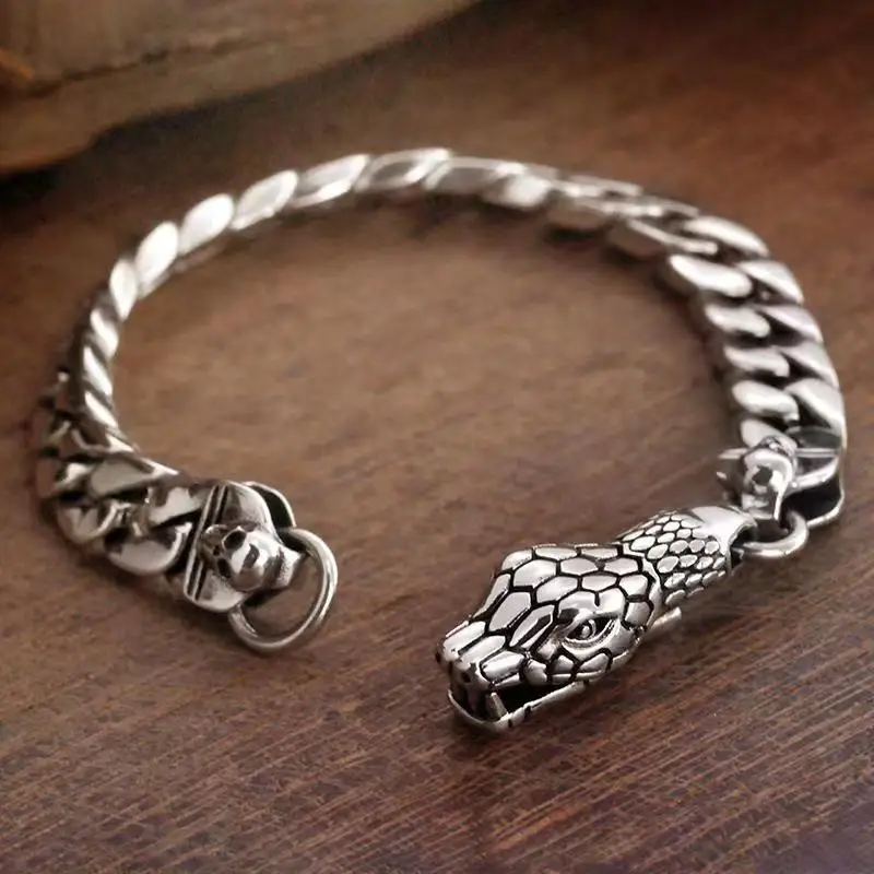 

S925 Sterling Silver Domineering Snake Head Men And Women Python Bracelet Personality Cool Fashion Retro Punk Boyfriend Gift