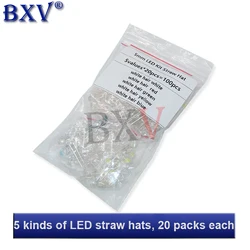 5Values 5mm LED  Straw Hat F5 Combination Set Transparent Warm White Green Red Blue Yellow DIY LED Set Super Bright 100PCS/Set